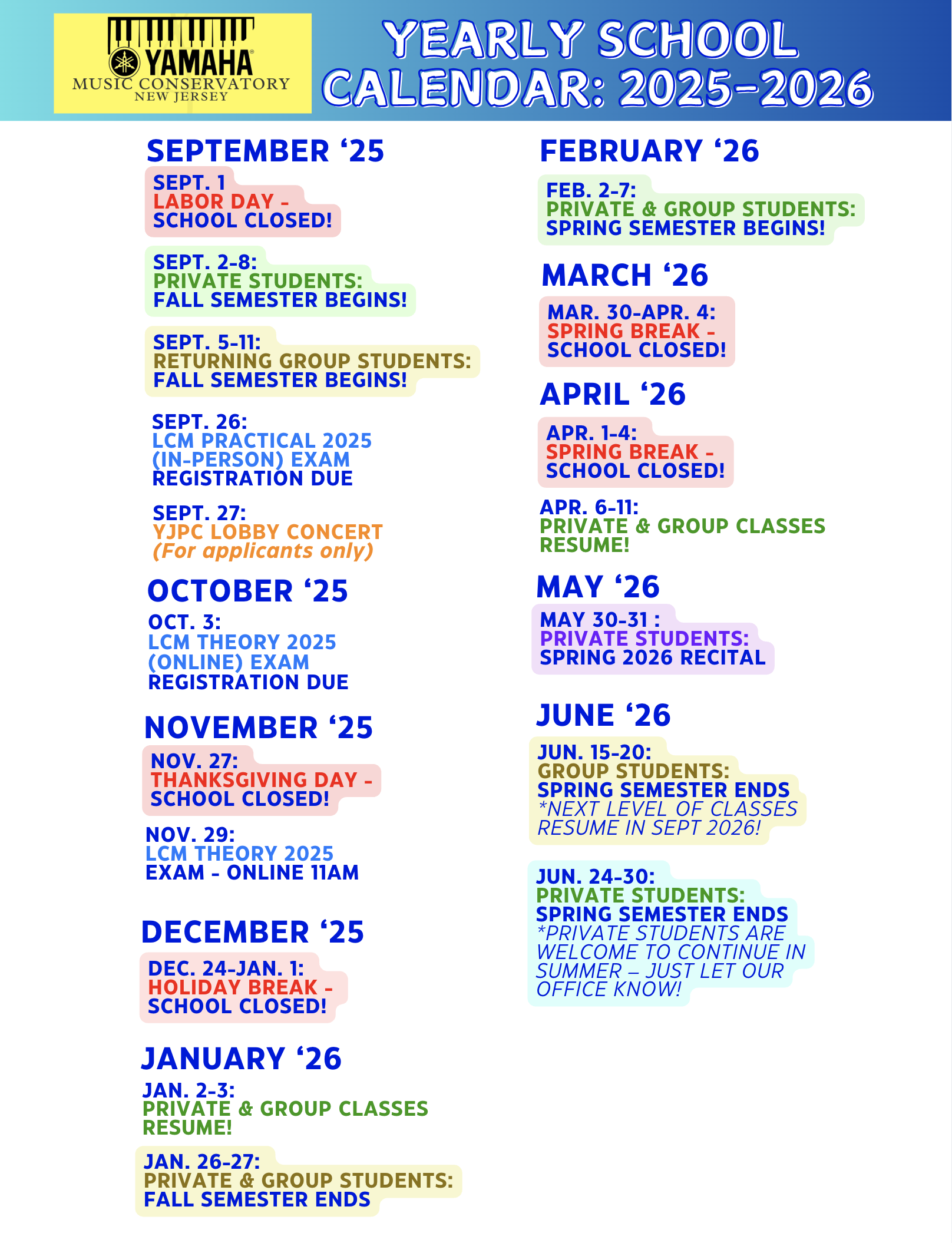 YEARLY SCHEDULE — Yamaha Music Conservatory